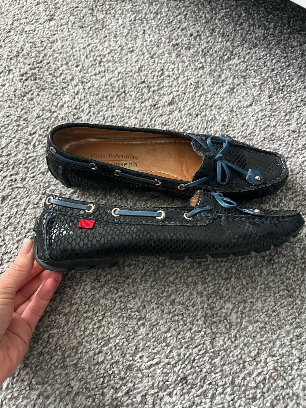 Marc Joseph Patent Moccasins with Blue Bow Accents